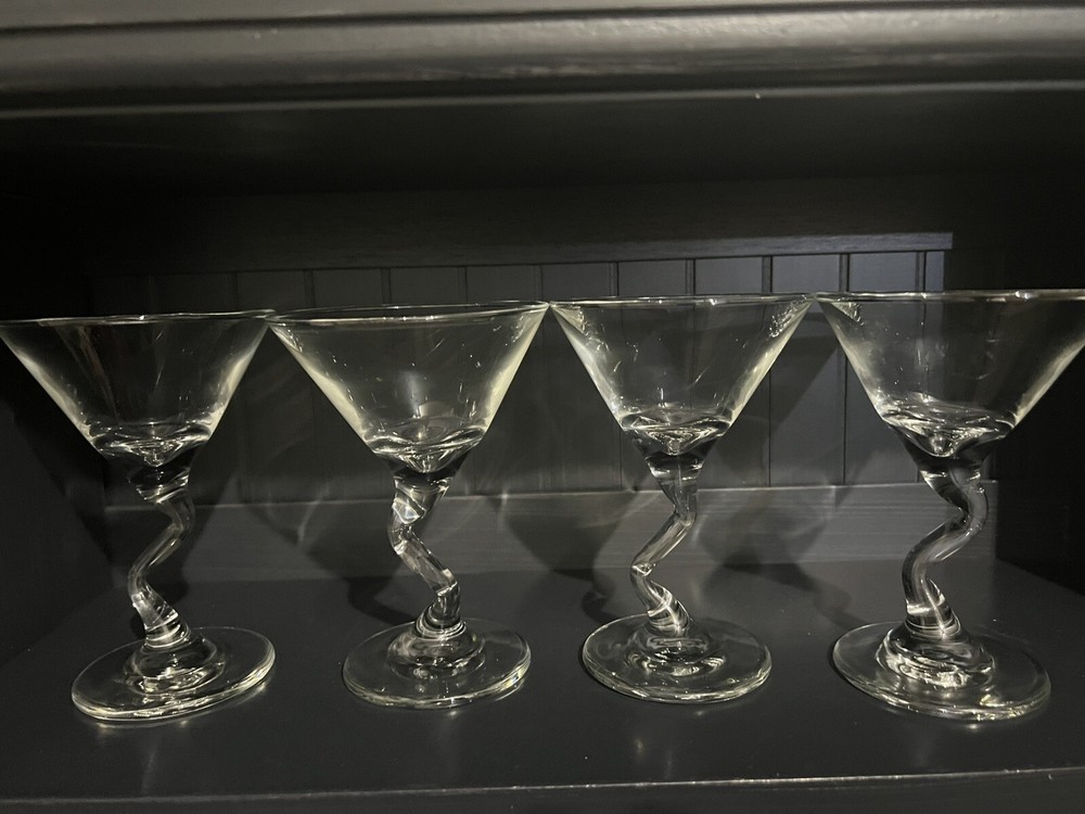 4 Vintage Z-Stem Clear Martini Glasses with Zig-Zag Design 5oz
