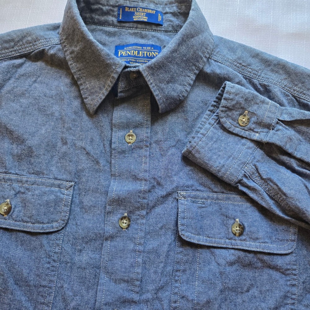 Pendleton Mens Blake Chambray Shirt Blue Cotton Button Down Long Sleeve Small