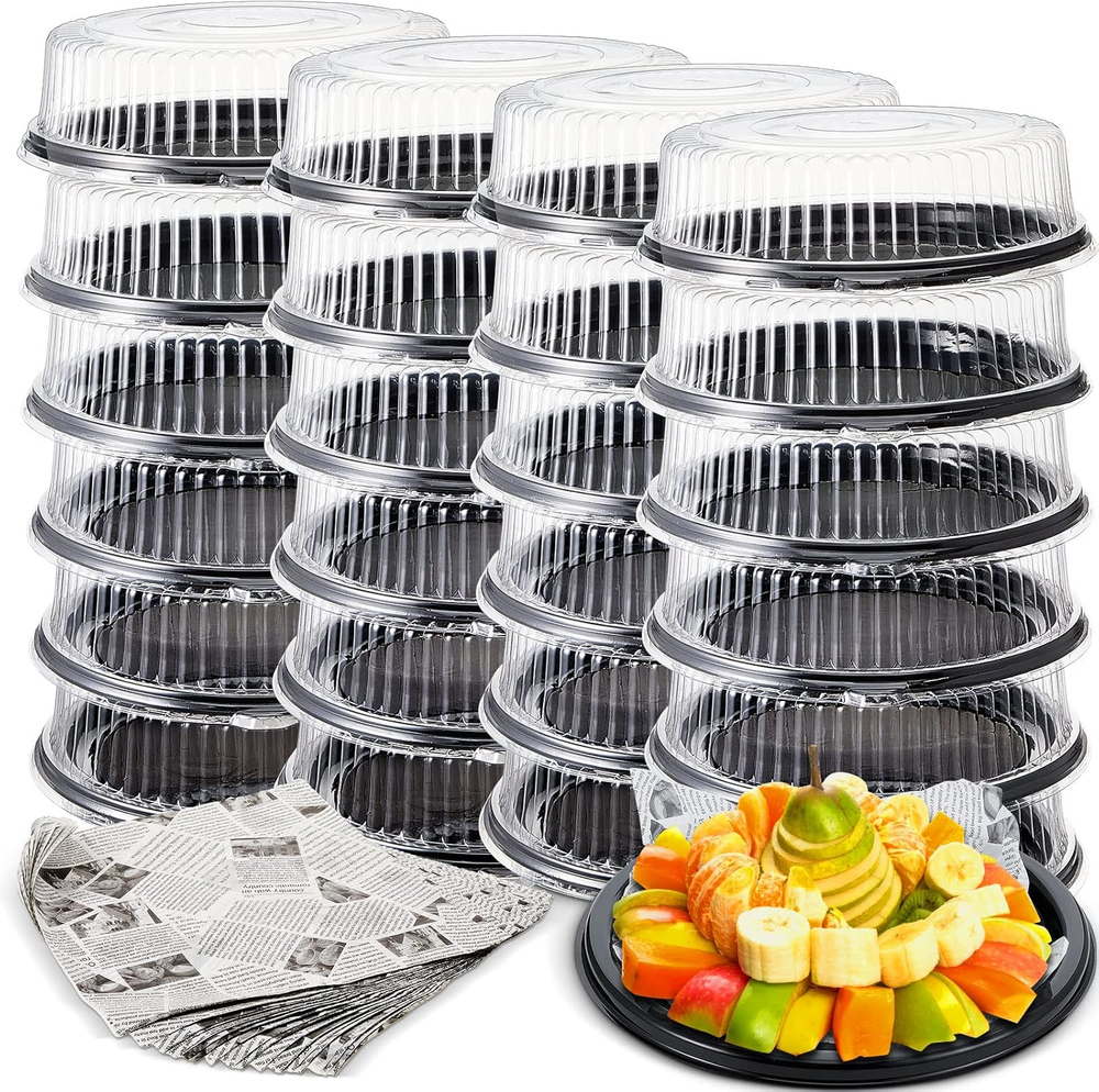 24 Pcs 12-inch Clear Lid Catering Trays with 48 Deli Wax Paper Sheets