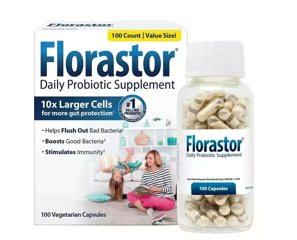 Florastor Daily Probiotic Supplement - 100 Veggie Capsules - Exp 2027