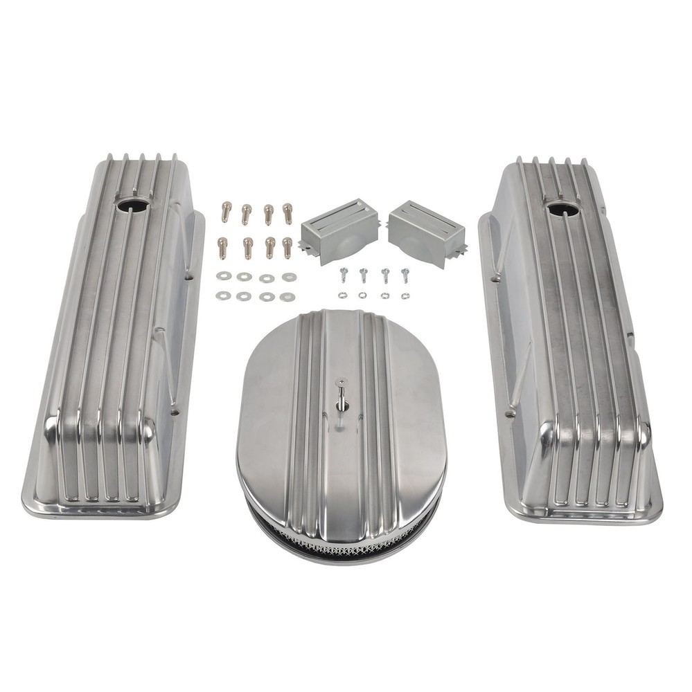 For SBC Chevy 58-86 Polished Aluminum Finned Tall Valve Cover & 12