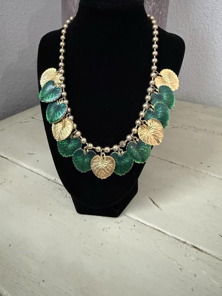 Vintage Green Enamel Leaf Necklace Gold Tone Botanical Statement Bib Necklace