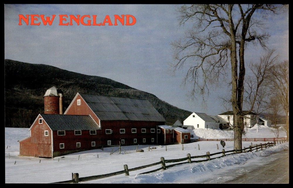 New England Connecticut Valley Winter Farm Barns Snow Postcard R.S. Lenfest