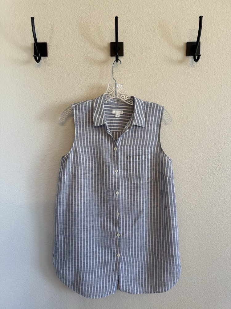 J Jill Small Blue and White Striped Sleeveless Linen Tunic EUC