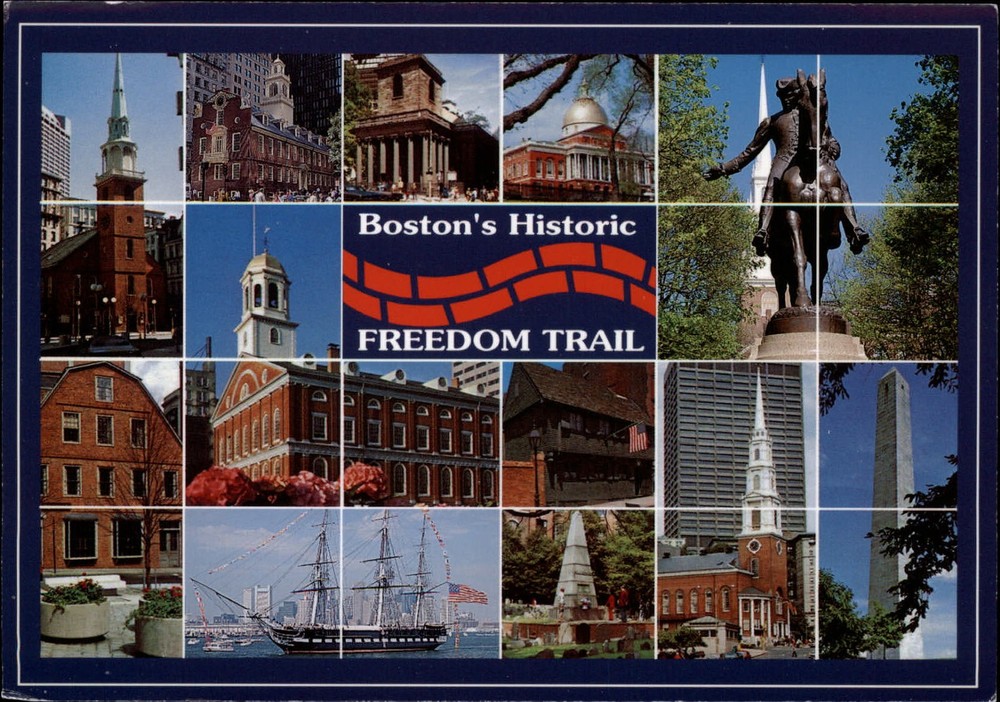 Massachusetts Boston Historic Freedom Trail multiview church statue ~ postcard