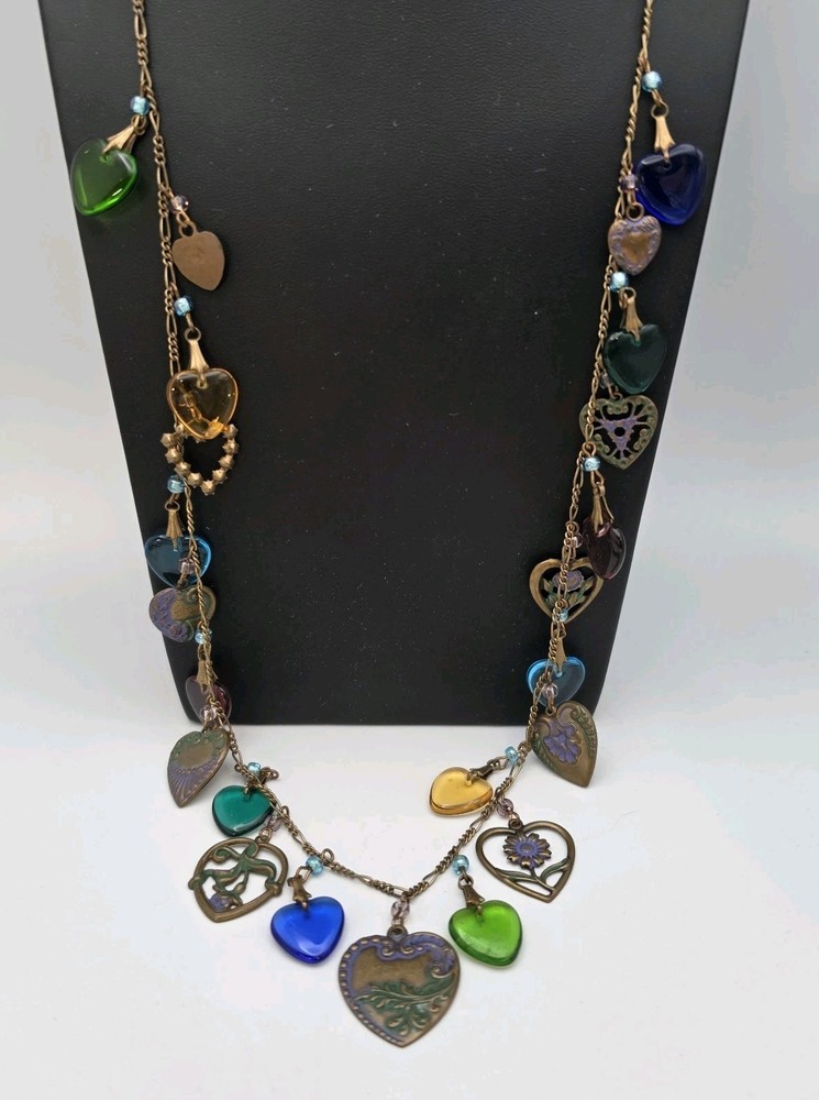 Vtg Glass Works Studio Brass Glass Hearts Multi Colors Necklace 30