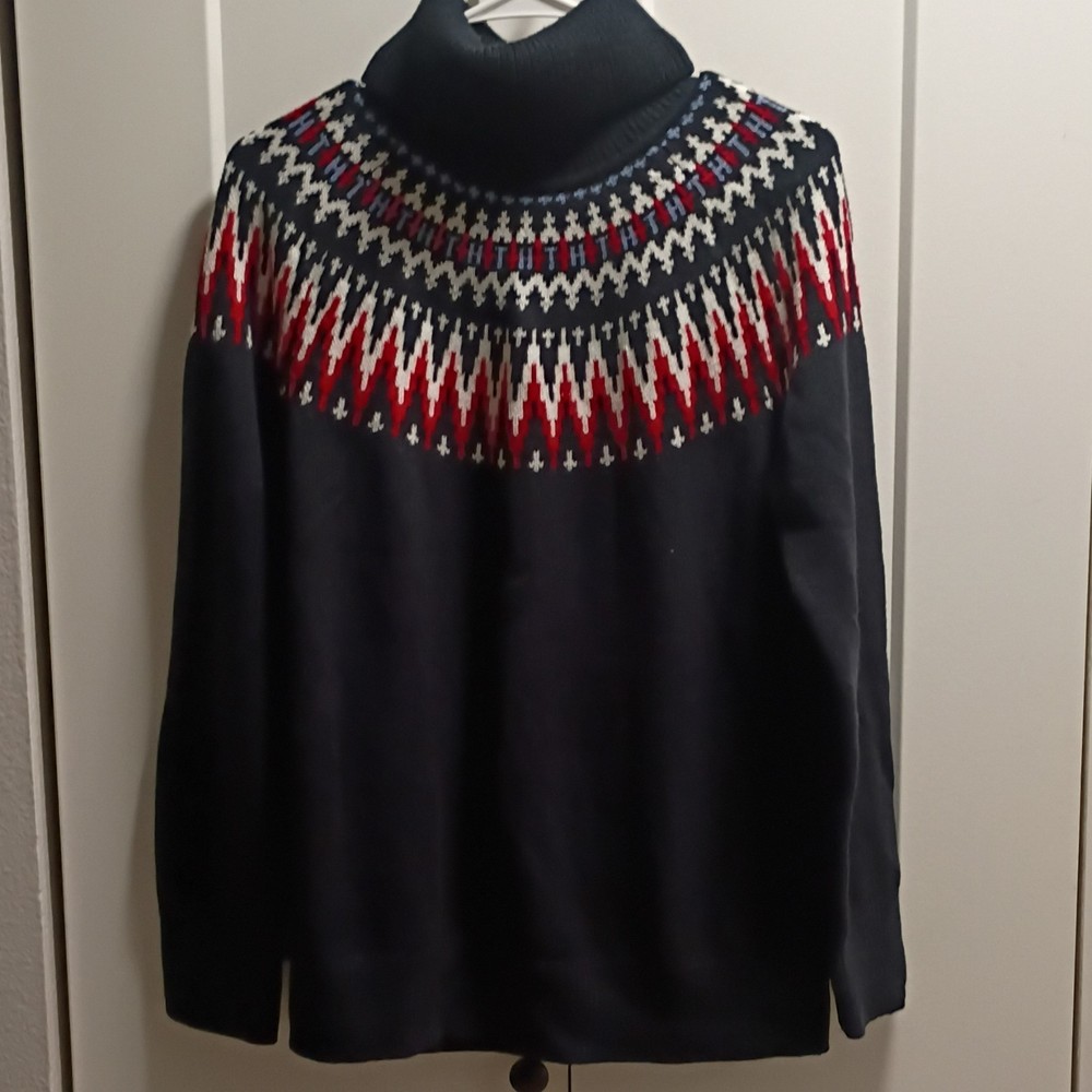 Tommy Hilfiger Navy Fair Isle Cotton Knit Turtleneck Pullover Sweater Women L