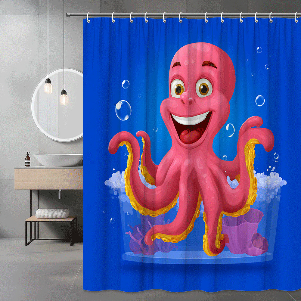 Pink Octopus Shower Curtain Blue Ocean Cartoon Print