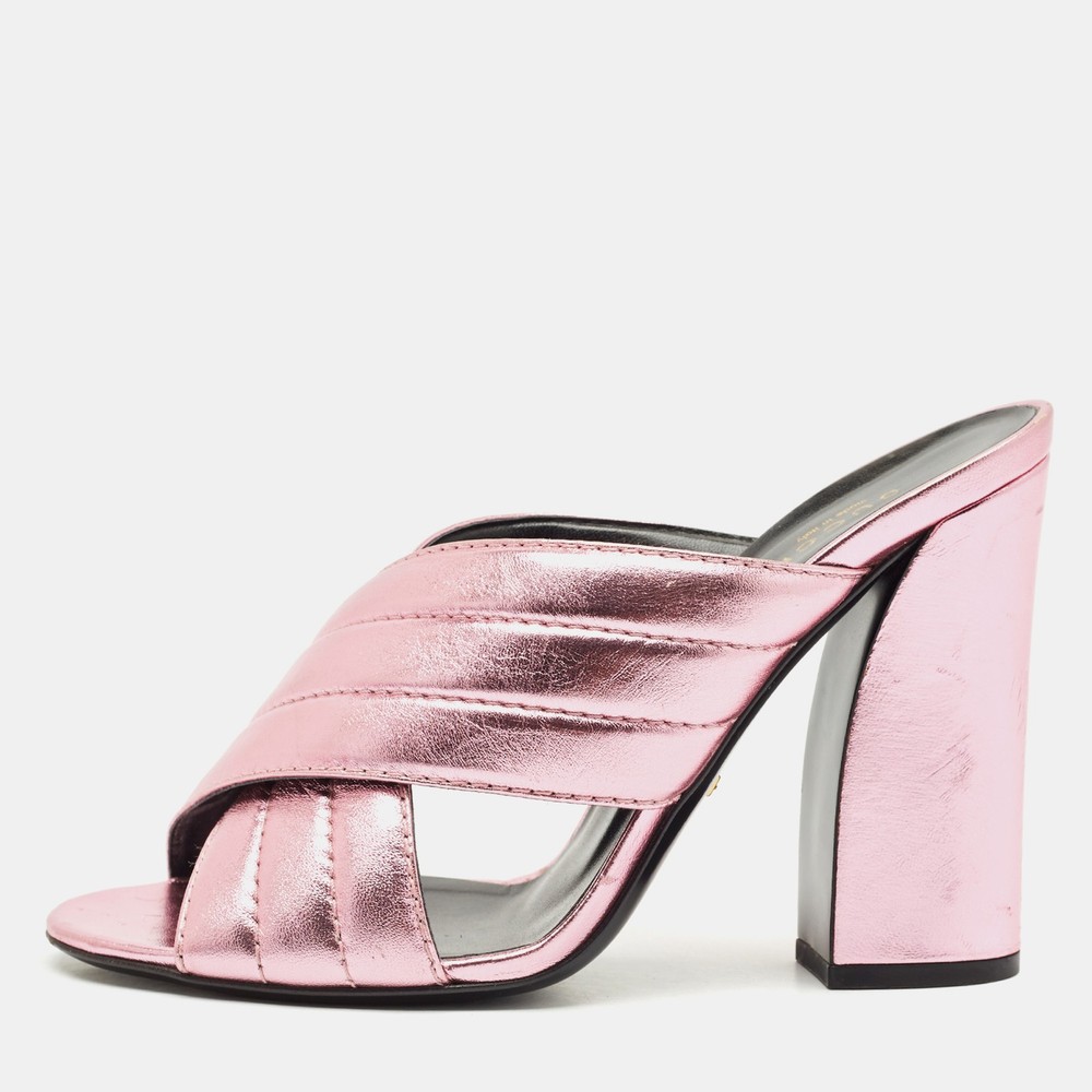 Gucci Rose Gold Quilted Leather Crisscross Block Heel Slide Sandals Size 40.5  