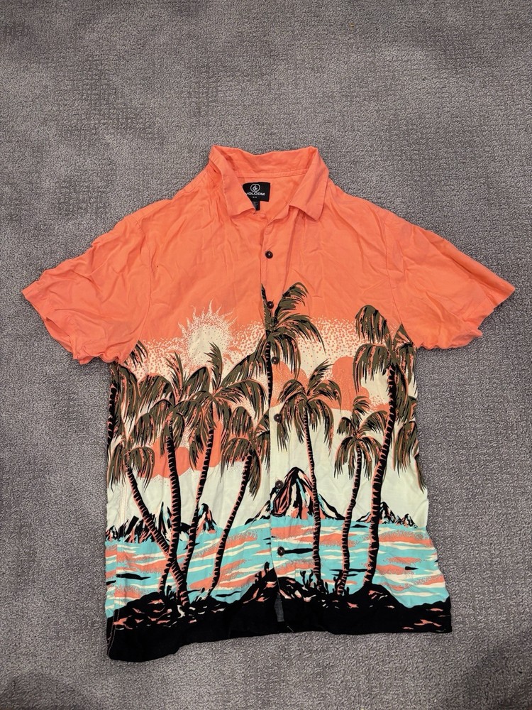 Volcom Men's M Orange Tropical Graphic Print Short Sleeve Button-Up Shirt