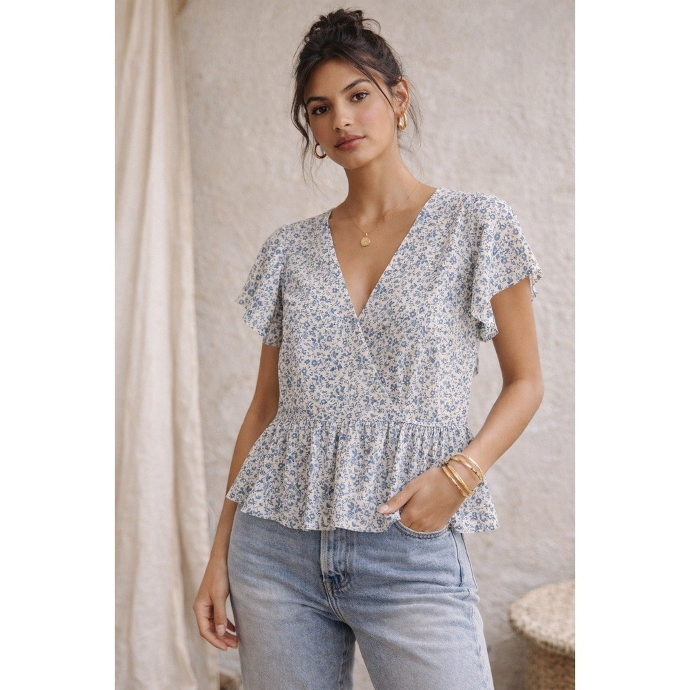 Madewell Wrap Peplum Top Blue Floral Flutter Sleeve V Neck Women's XL