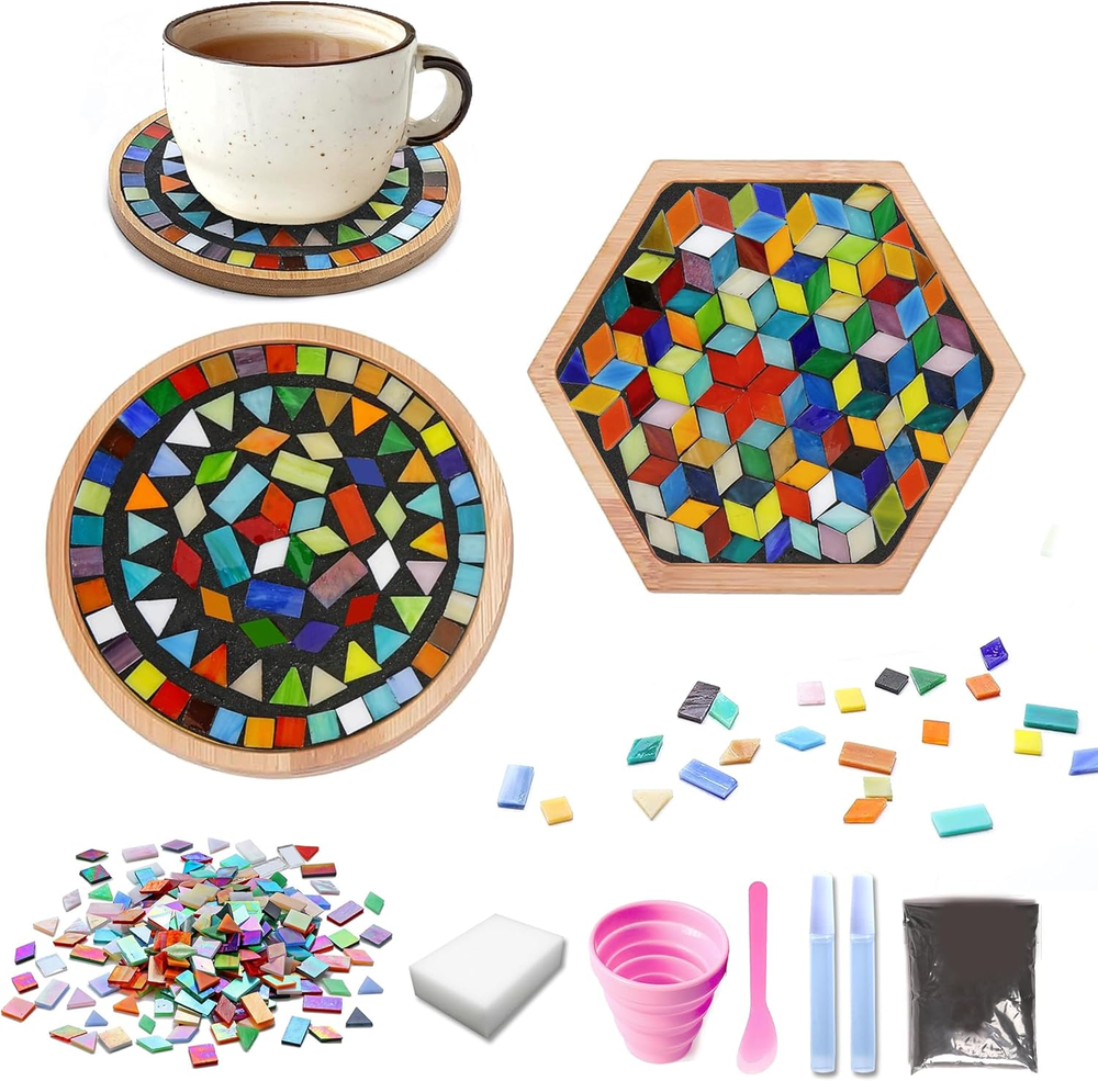 DIY Mosaic Tiles Crafts Kits for Adults, Mixed Stained Glass Mosaic Kit with 2 S
