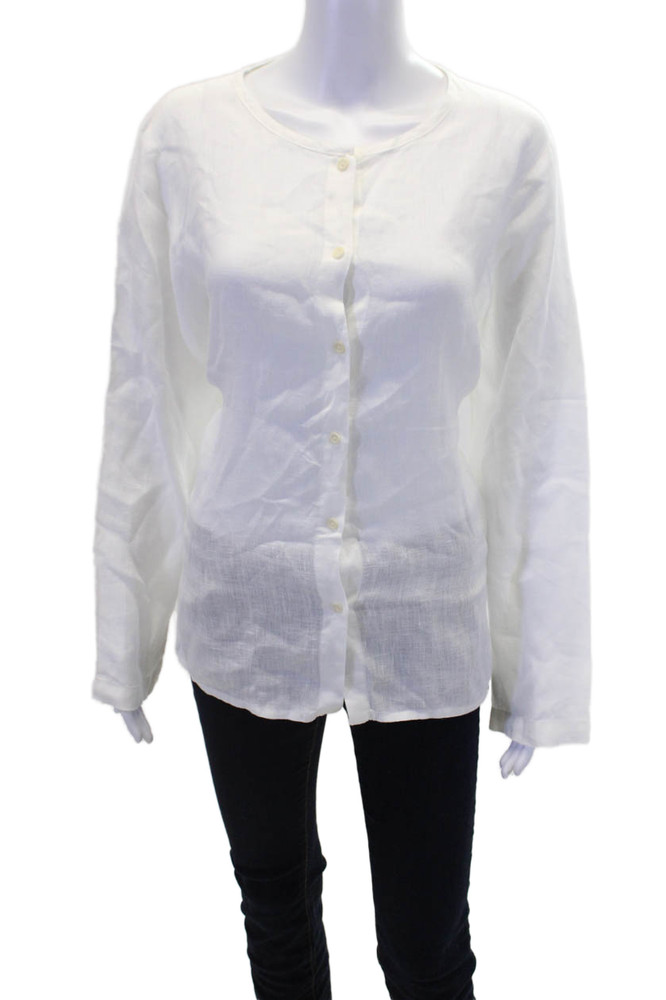 Flax Womens Linen Textured  Long Sleeve V-neck Button Up Blouse White Size MFree Shipping in US $100+ Orders | $6.95 Orders Below