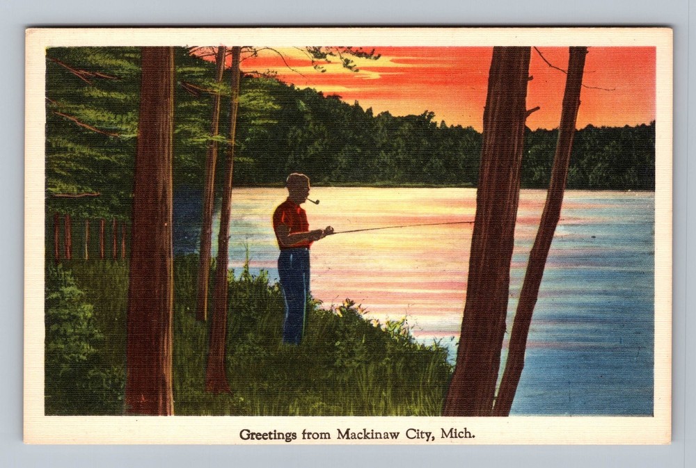 Mackinac City MI-Michigan Scenic Greetings Lake Sunset Vintage Postcard