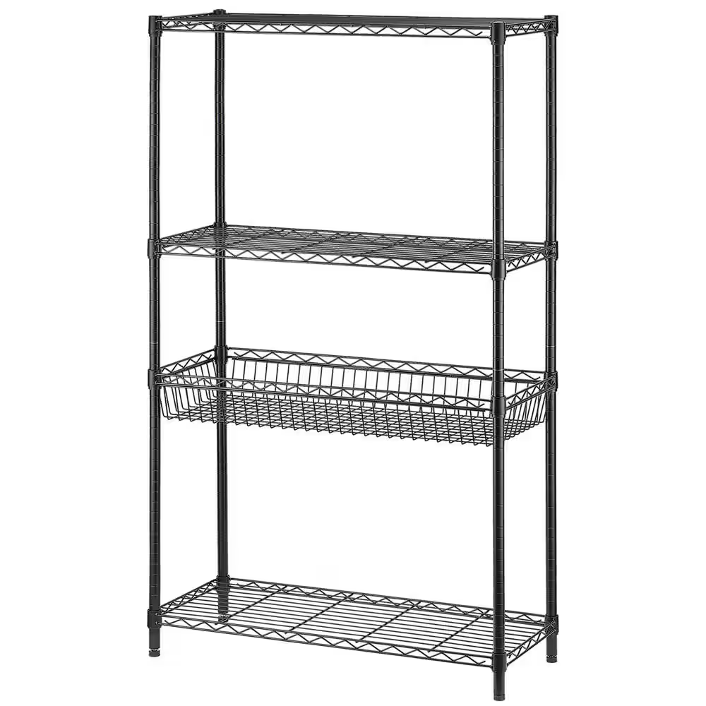 4-Tier Steel Wire Shelving with Basket Black Coating