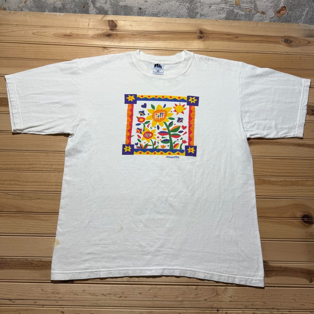 Vintage 90s Houston Texas Sunflower Bees Folk Art Graphic Souvenir T-Shirt - XL