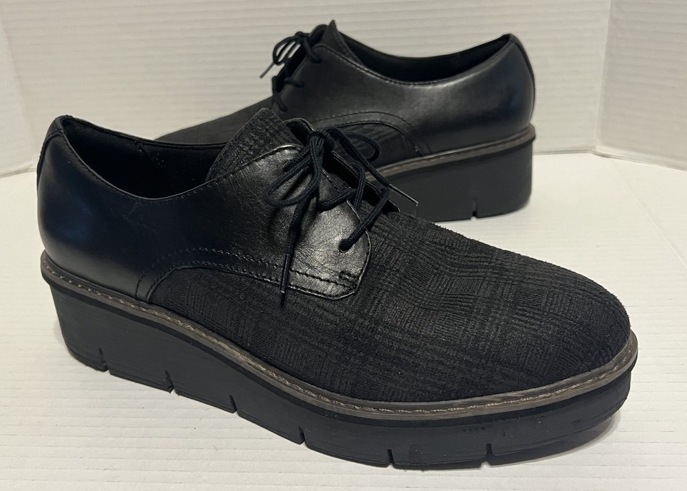 Clarks Collection Women Plaid Fabric Oxford Wedge Platform Loafer Black 11 M