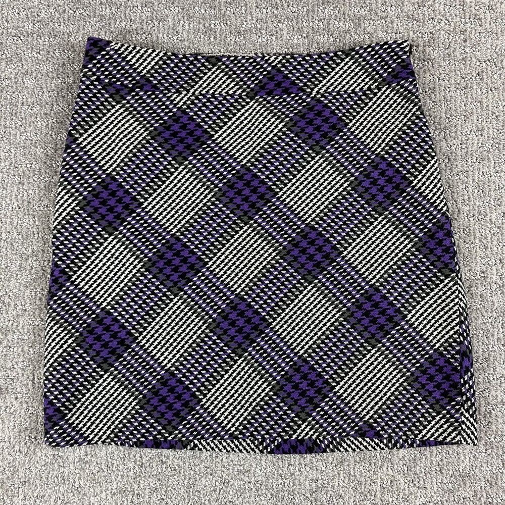 Ann Taylor Loft Skirt Womens 6 Petite Purple Black White Plaid Wool Blend NWT