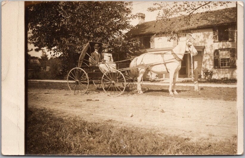 Vintage Real Photo RPPC Postcard Couple in Horse Cart Buggy / 1910s Fashion