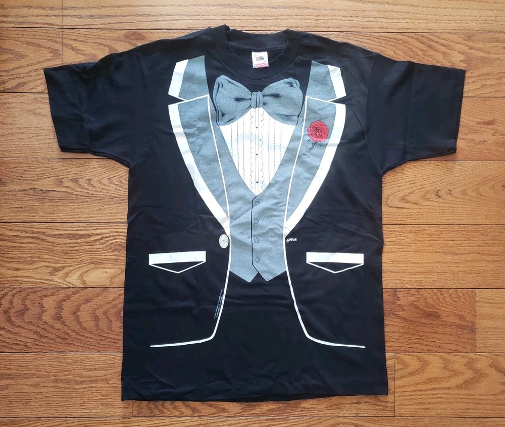 Vintage 80s Tuxedo T-Shirt Black Suit Bow tie Men's Medium Single Stitch