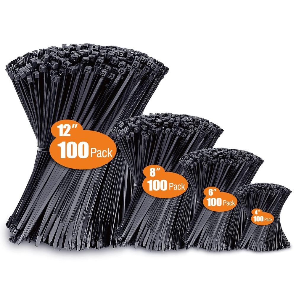 Zip Ties Assorted Sizes(4”+6”+8”+12”), 400 Pack, Black Cable Ties, UV Resistant