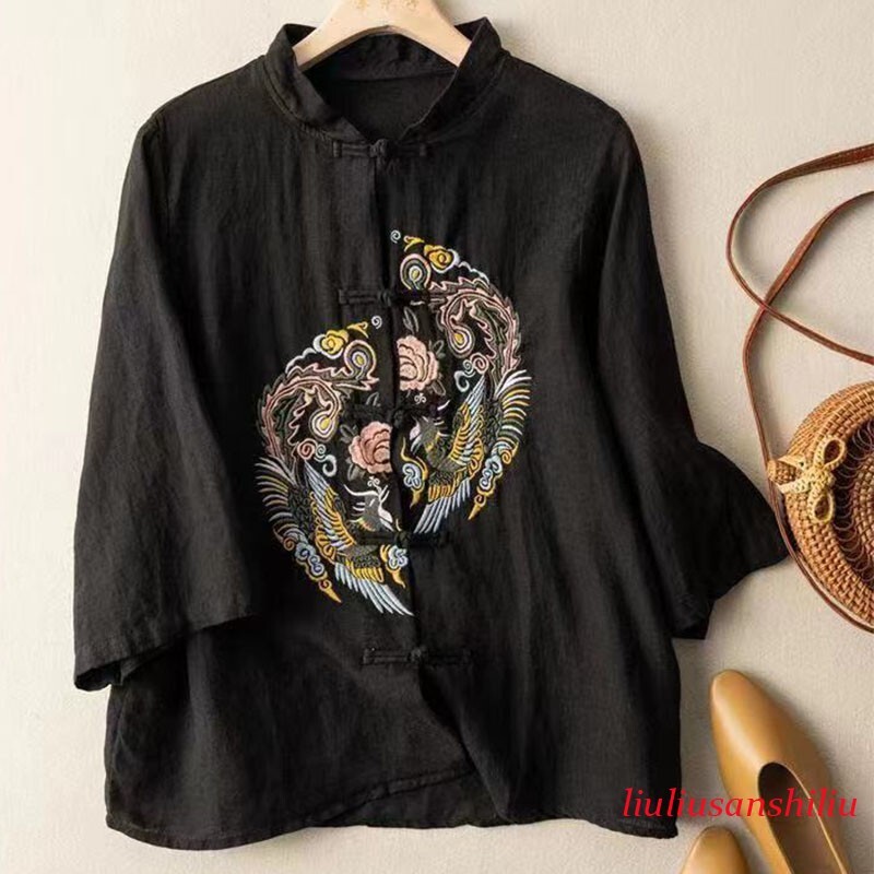 Women Chinese Style Cotton Linen Shirt Embroidery Tops Stand Collar Retro Blouse