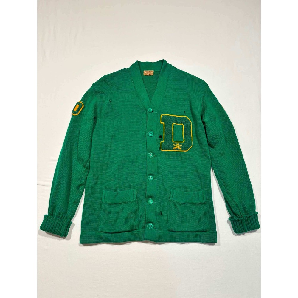 Vintage Sand-Knit Letterman Cardigan Sweater Green Wool Chenille Patch Size 40