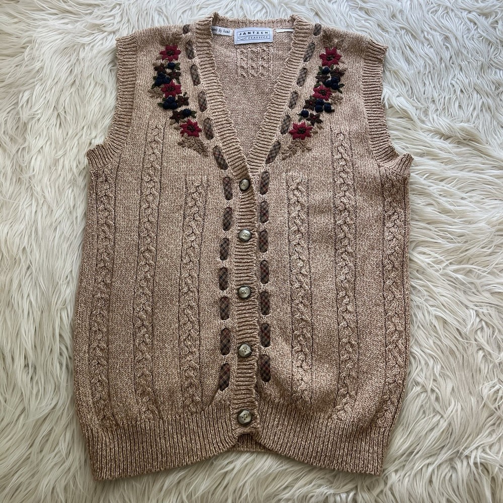 Vintage 90s Jantzen Cottagecore Cableknit Sweater Vest Embroidered Floral Size S