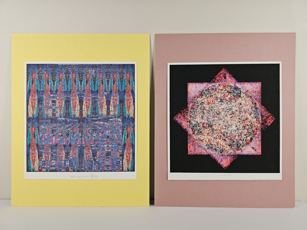 2x Unique Illegibly Signed Graphic Art Prints 20x16 Abstract Cellular Modern Art-image