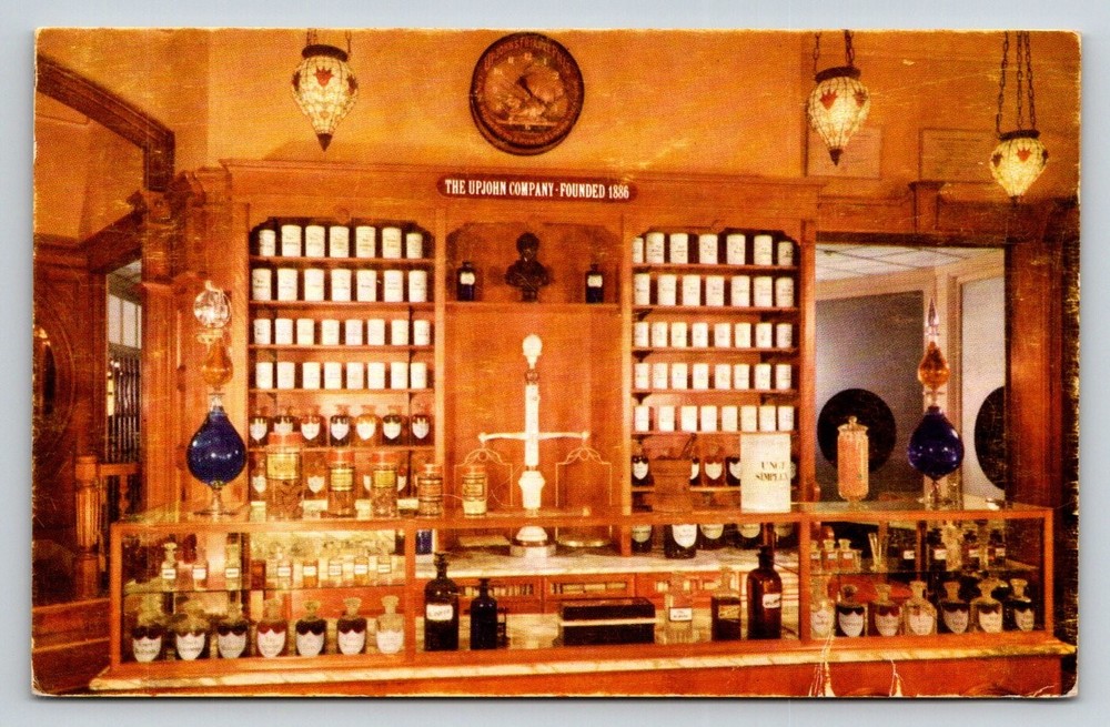 Upjohn Pharmacy Disneyland Postcard Vintage Apothecary Counter Kalamazoo MI