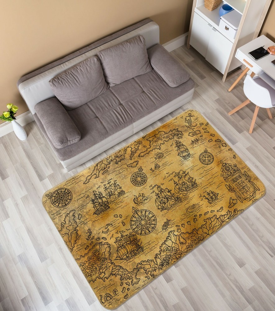 3D Retro Sailing Boat World Map Non-Slip Rug Mat Elegant Photo Carpet