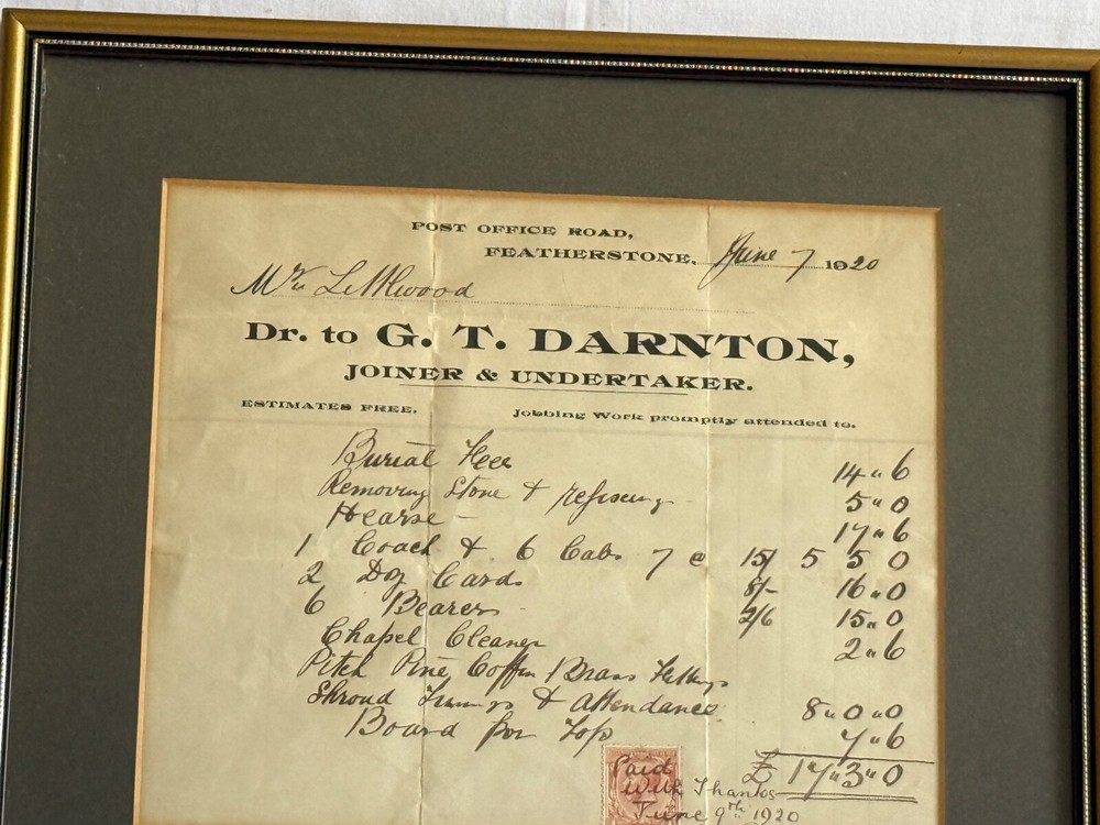 Antique Invoice with One Penny Stamp - June 20th 1920  - Framed & Glazed