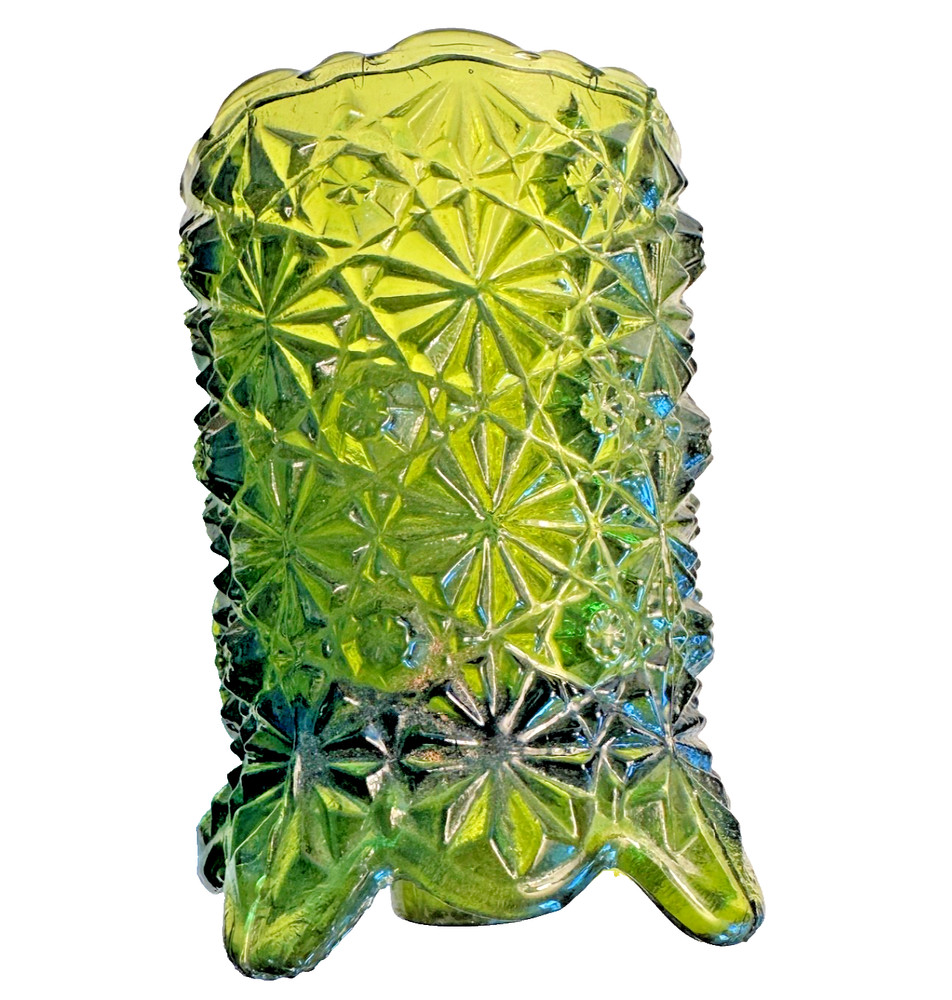 Button and Daisy Glass Toothpick Holder Candle Holder Green Pressed Glass Footed