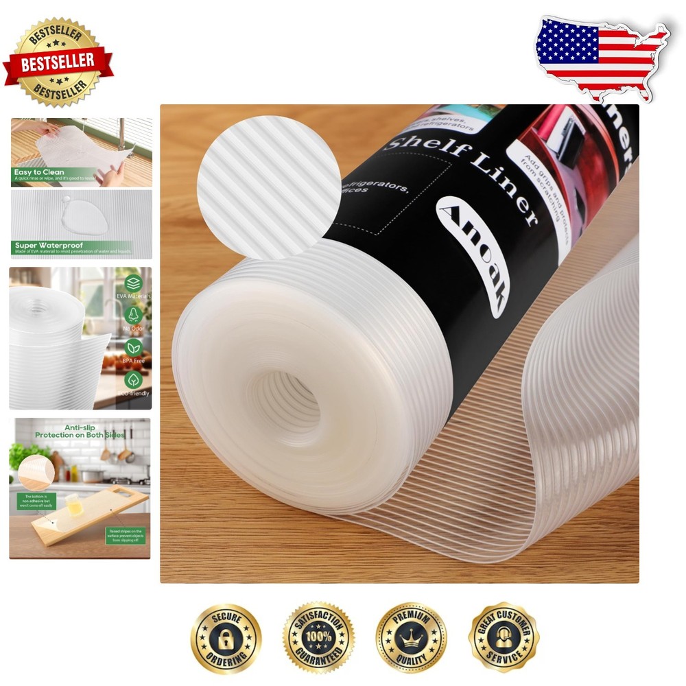 Stripe Clear Waterproof Non-Adhesive Shelf Liner for Easy-Clean Drawer Protection  