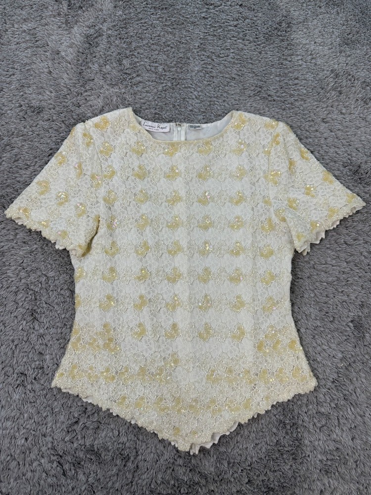 Laurence Kazar Top Womens XL Ivory Yellow Sparkly Sequin Beaded Fairy Floral