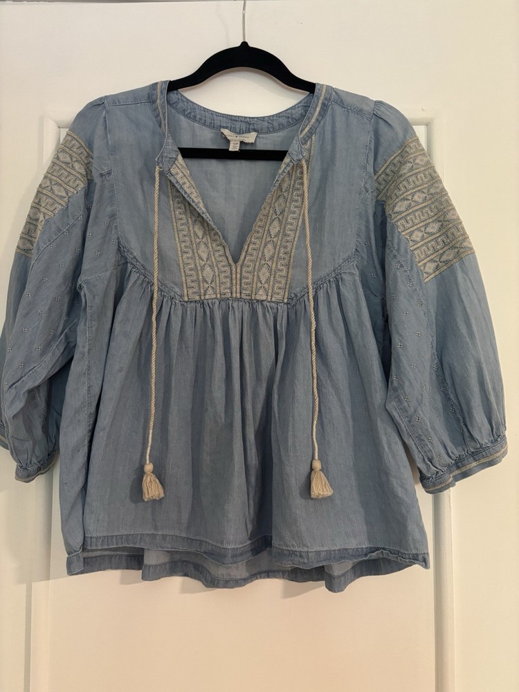 Lucky Brand Blue Embroidered Tassel Tie V-Neck Peasant Blouse Womens S