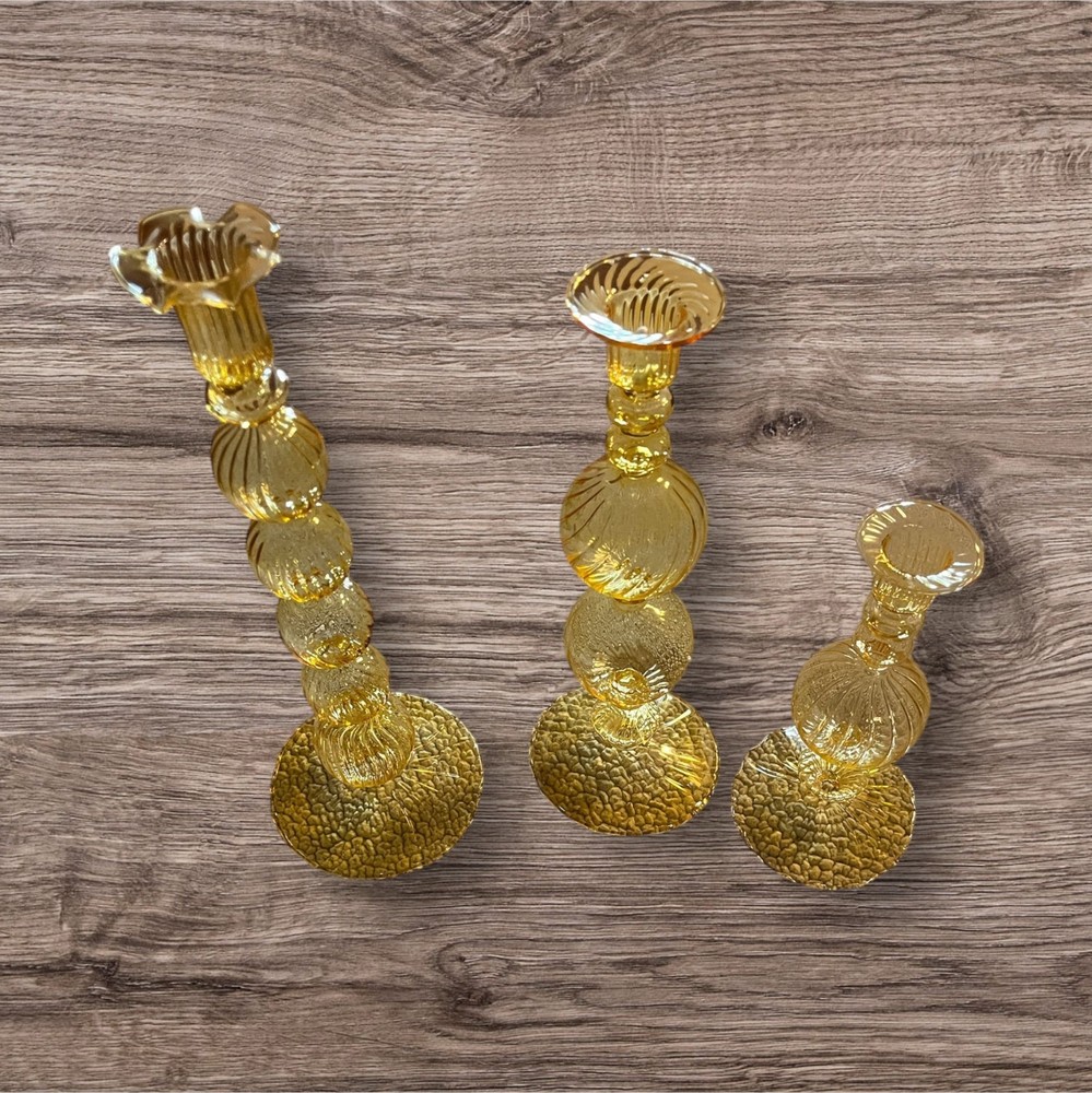 Yellow Glass Candle Holder Set! Set of 3! New in Box ! (S1-699)