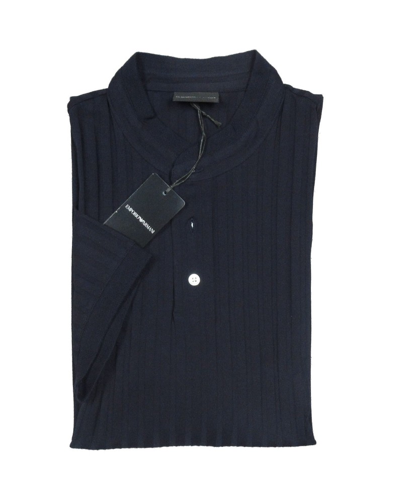 Emporio Armani Men's Navy Vertical Textured Stripe Short Sleeve Henley Shirt XL