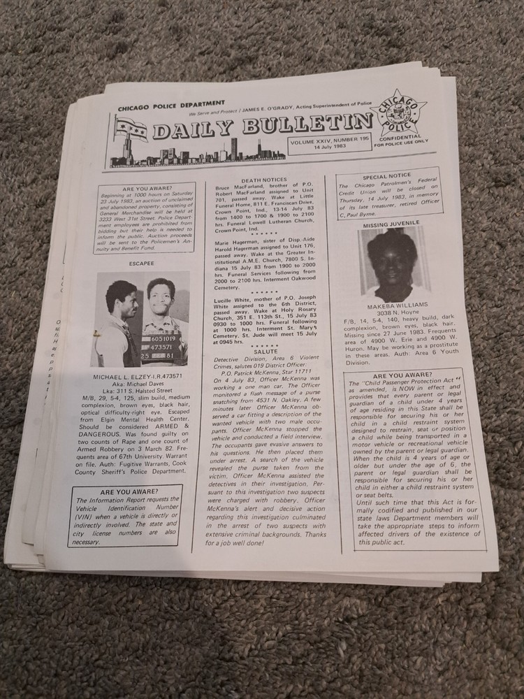 Lot of Seven 1983 Chicago Police Department Daily Bulletins