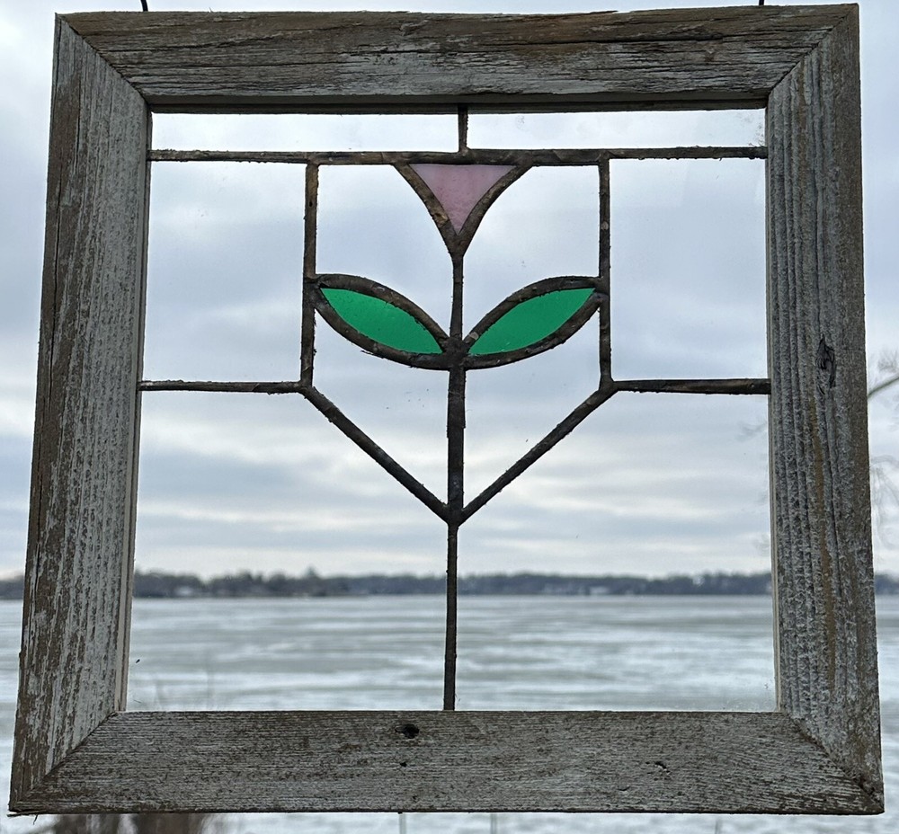 Mission Style Framed Stained Glass Flower Window Light Pink/Green