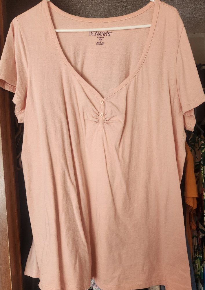 Roaman's Plus L 18/20 Solid Pink Sweetheart Neck Knit Pullover Short Sleeve Top