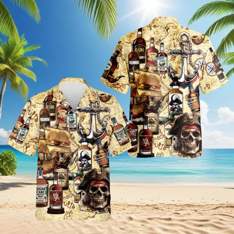 Pirate Hawaii Shirt Skull Rum Aloha Beach Party Vacation Mens Womens