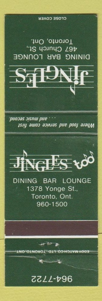 Matchbook Cover - Jingles Restaurant Toronto ON