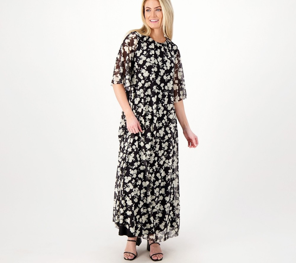 Girl With Curves Women's Dress Sz L Tall Flutter Sleeve Mesh Maxi Black A591124