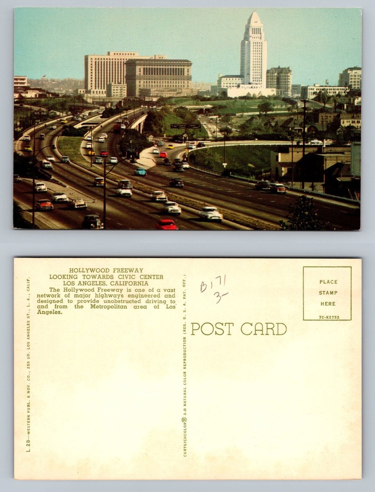 Los Angeles, CA-California, Hollywood Freeway Civic Center View Vintage Postcard