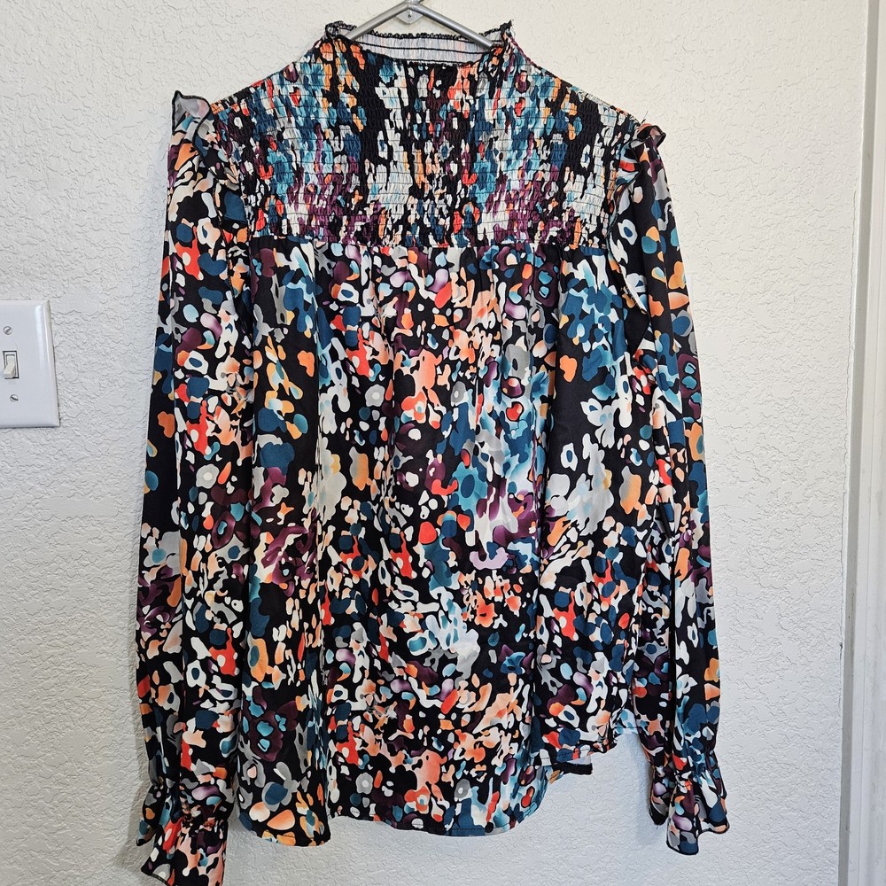 Floral Colorful Abstract Pullover Boho Mock Neck Size XL Blouse Ruffled Smocked