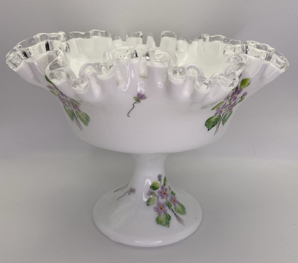 Fenton Silver Crest Hand Painted Ruffled Compote Candy Dish Signed 6” CHIPPED!!!
