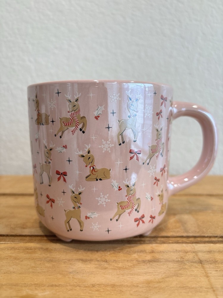 Fig & Fern Pink Vintage Reindeer Christmas Mug Holiday Ceramic Coffee Cup Cocoa