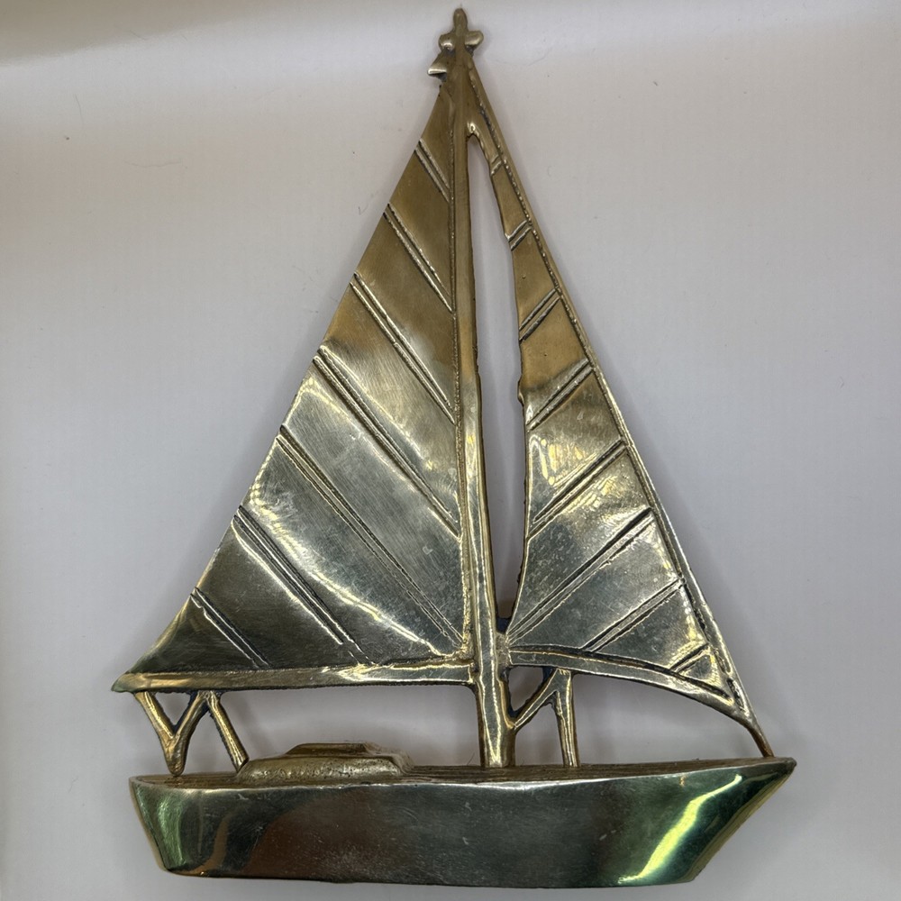 Vintage MCM Brass Sailboat Handcrafted Sculpture Figurine 8 x 6 Navy Ocean Sea