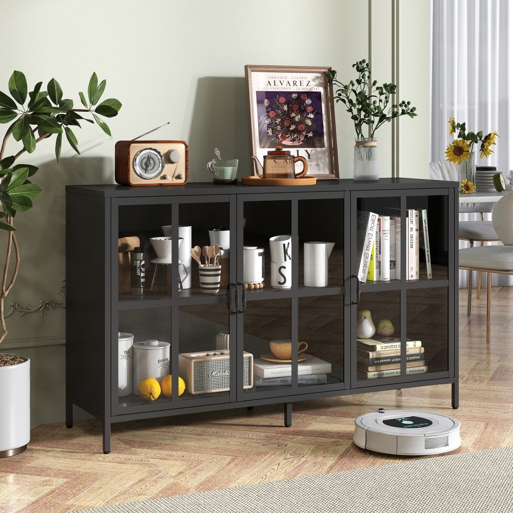 Heavy Duty Black Metal Storage Cabinet with Adjustable Feet and Glass Doors  